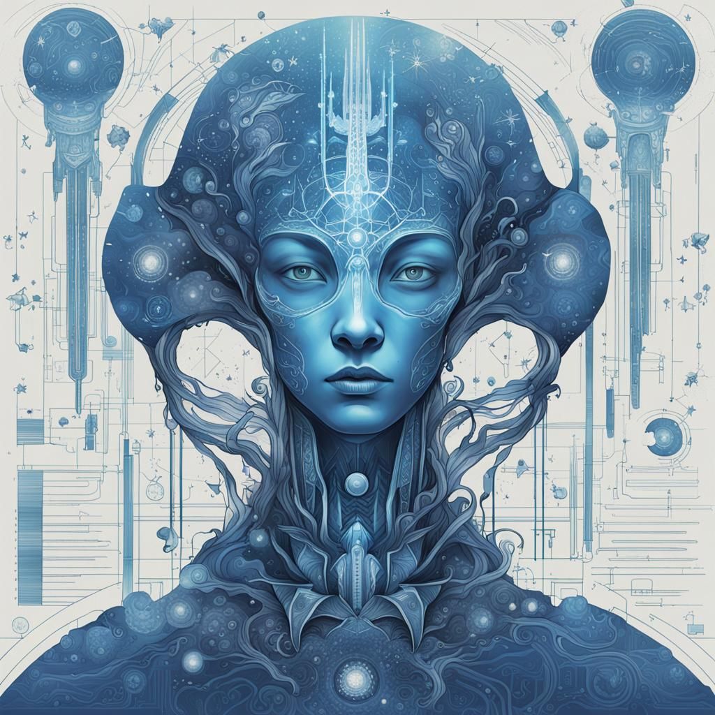 Alien Schematic in Cyanotype Blueprint Style