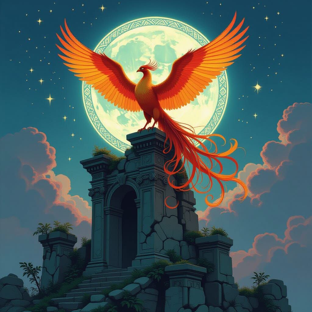 Art Nouveau Phoenix on Ruin with Bioluminescent Flora