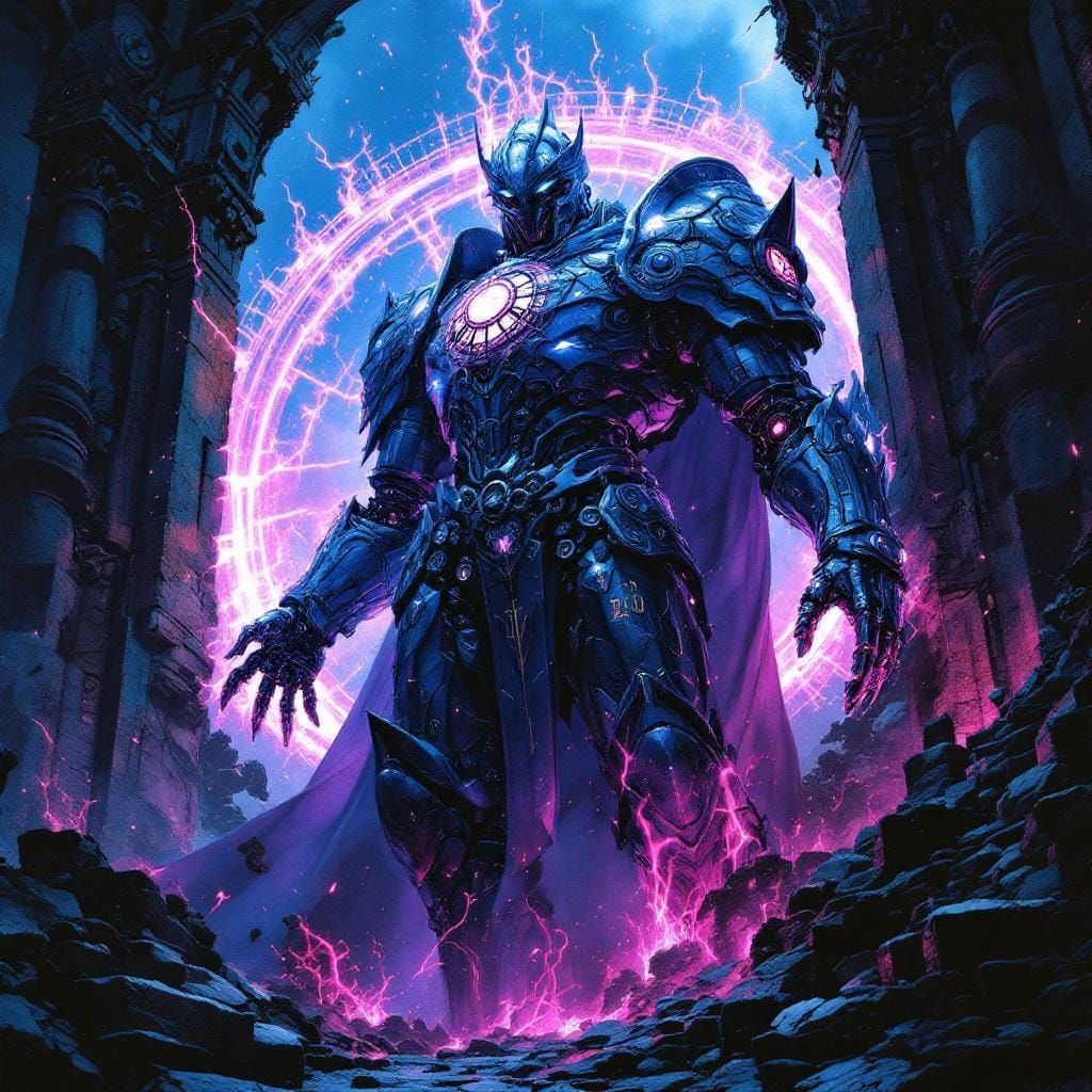 Cyborg Knight in Clock Tower, Dark Fantasy Art