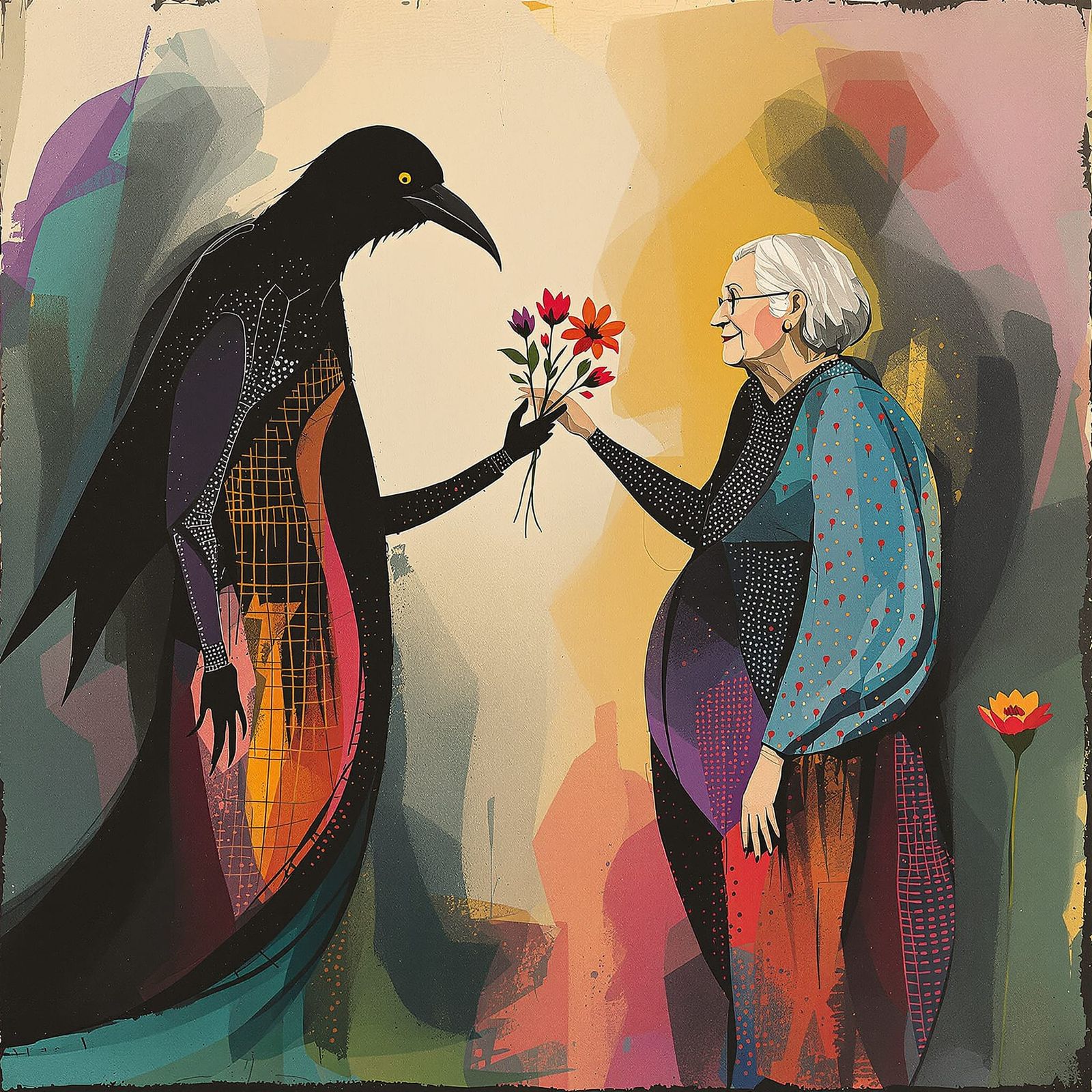 A vigorously stylized painting of a raven offering flowers t...