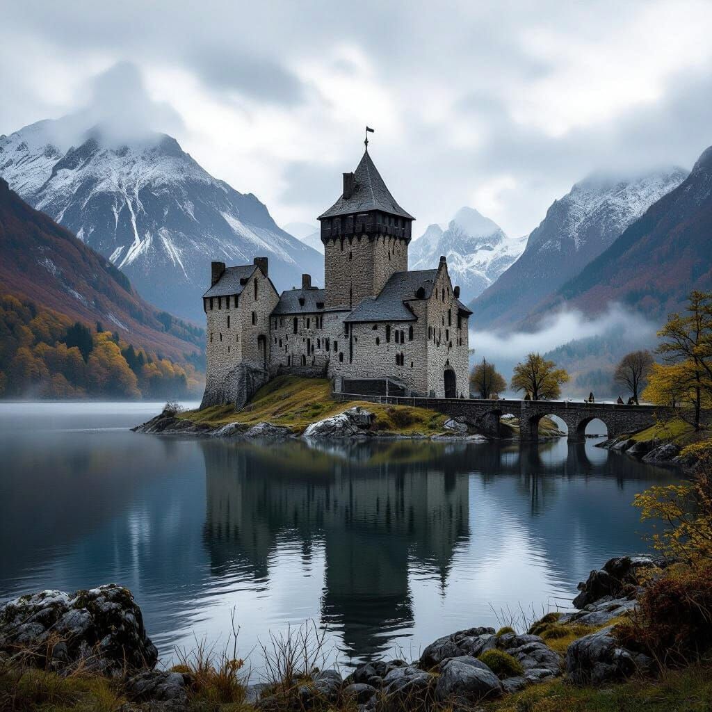 Medieval Castle Among Mountains in Romantic Style