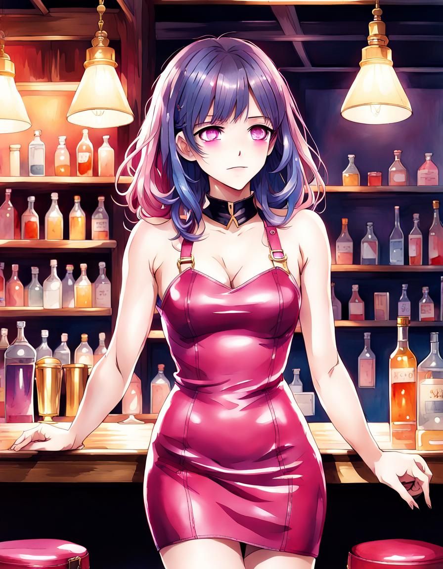Beautiful Woman in Bar: Watercolor Manga Illustration