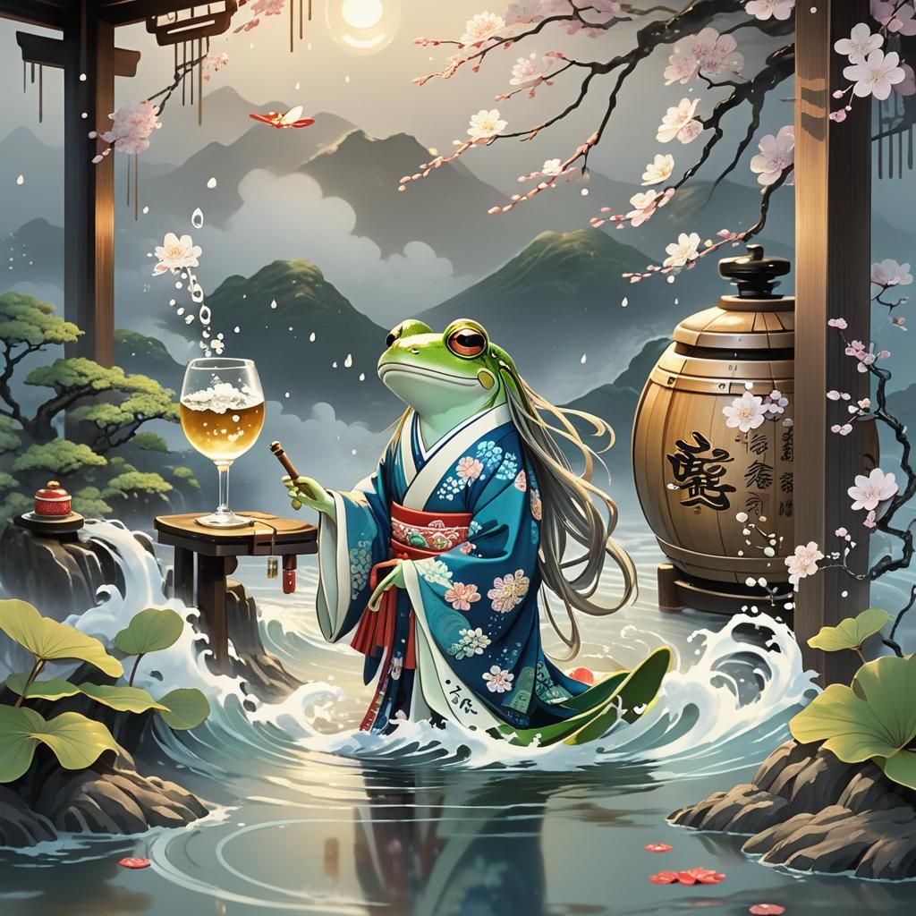 Anime Frog in Kimono with Sake Cask