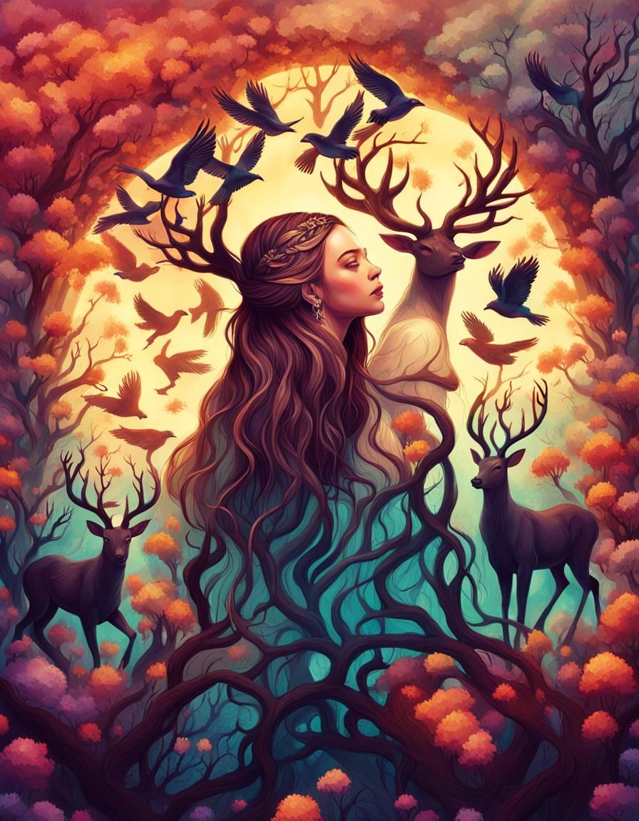 Pagan Woman with Flowering Roots in 3D Rendering