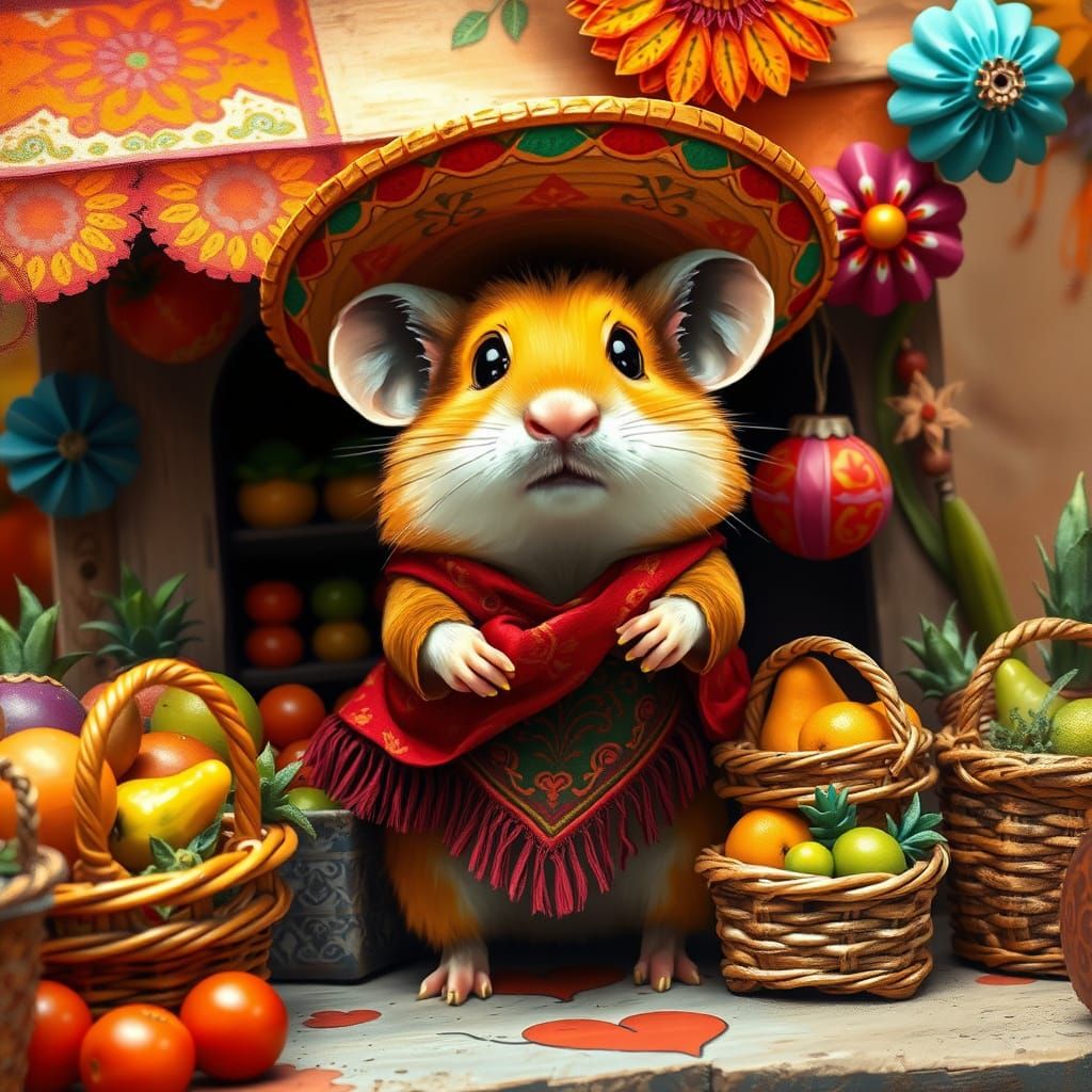 Vibrant Mexican Hamster in Folk Art Style