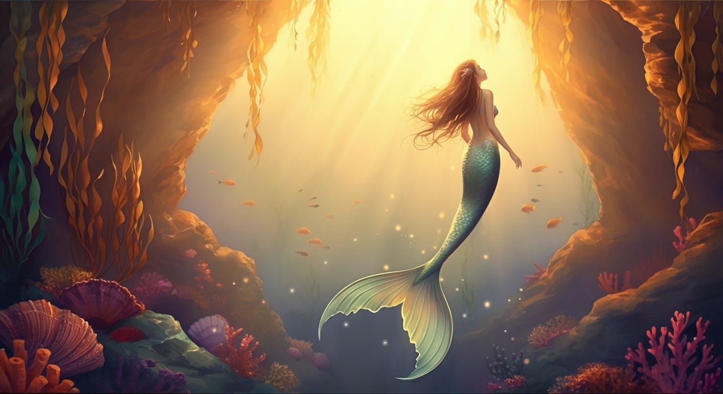 Mystical Mermaid in Grotto at Golden Hour