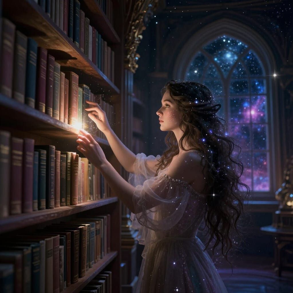 Celestial Librarian Arranging Cosmic Tomes in Starry Library