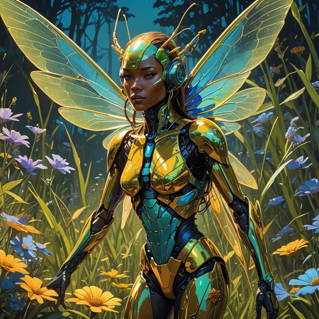 Insect Girl Transformation in Surreal Sci-Fi Meadow