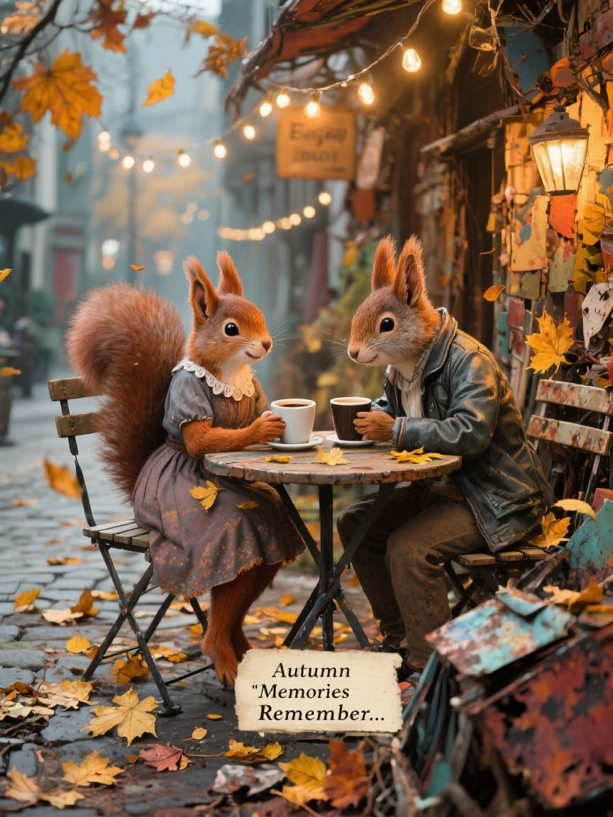 Squirrels' Autumn Coffee Date in Junk Journal Style