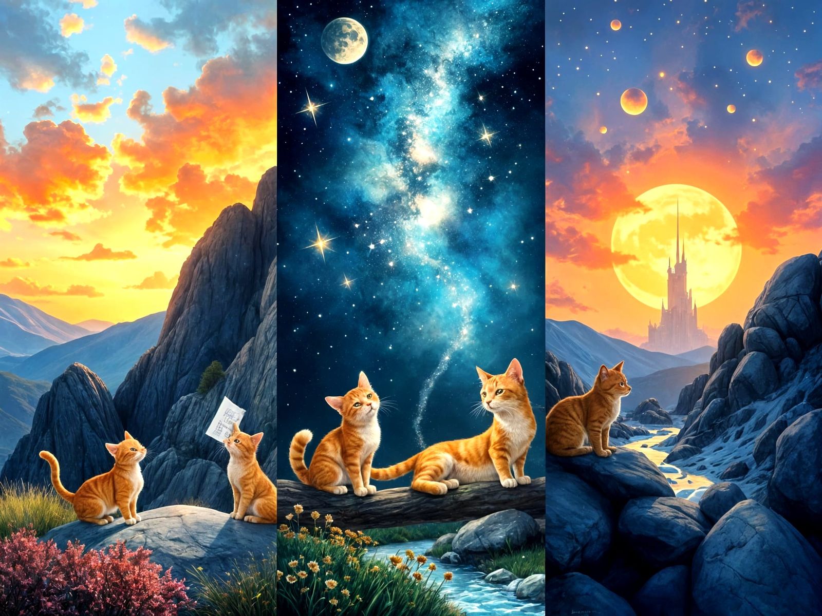 Cats' Adventure Triptych in Shaun Tan Style