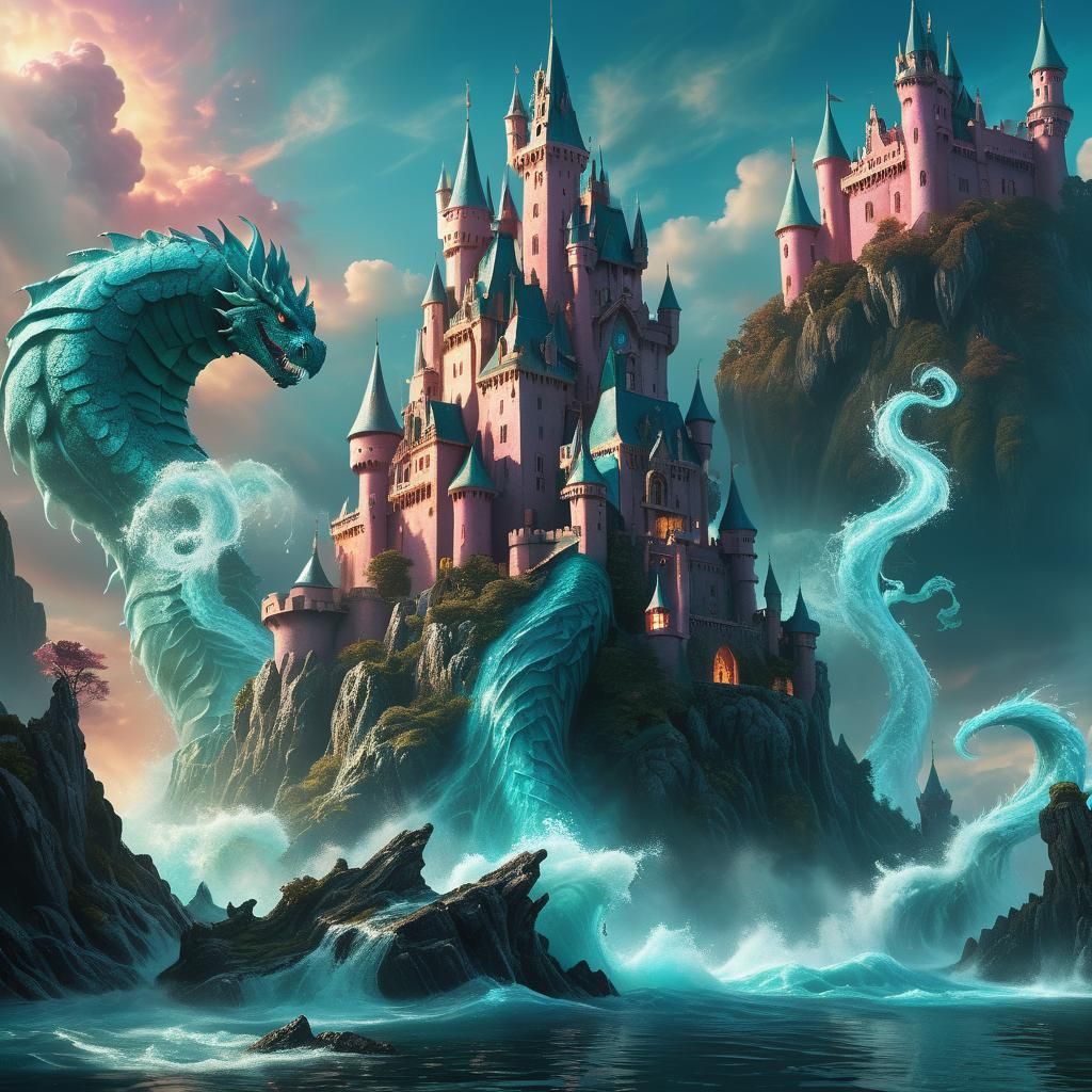 Teal and Rose Castle with Water Monster