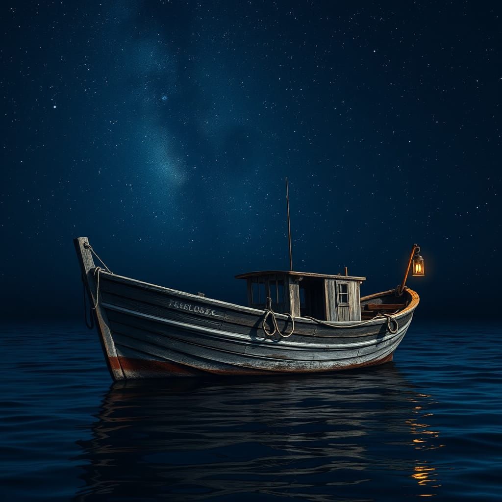 Starry Night Fishing Boat in Digital Painting Style