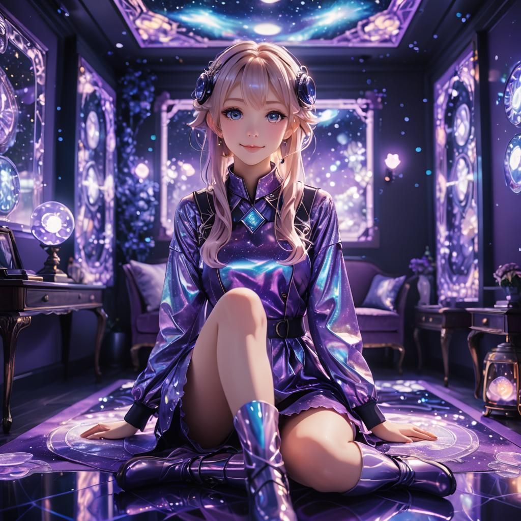 Anime Waifu in Ultraviolet Hologram Room