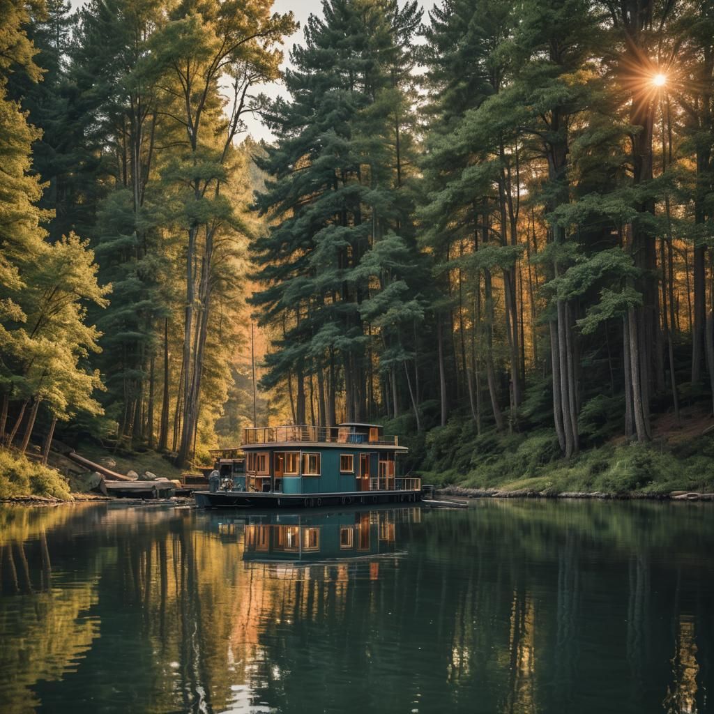 Scenic Houseboat on Lake at Sunset in Film Style