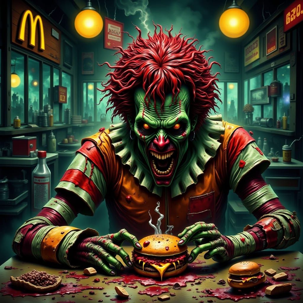 Zombie Ronald McDonald Eating Burger in Gritty Comic Style