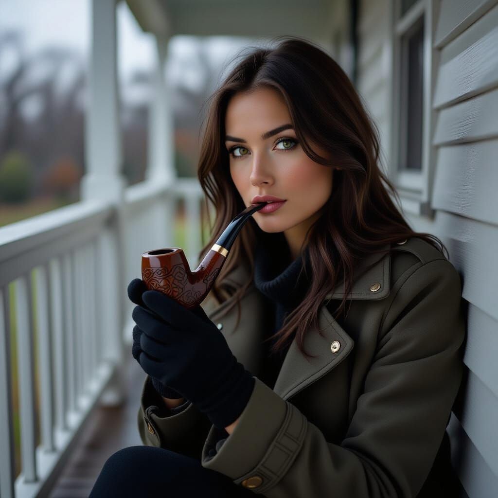 Contemplative Woman with Pipe on Porch in Realistic Photogra...