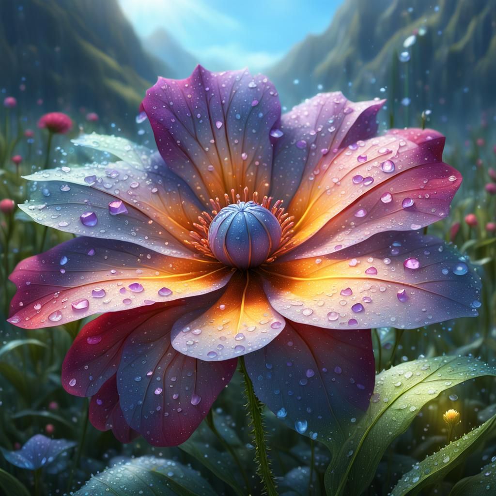Anime Flower with Dew in Maximalist Landscape