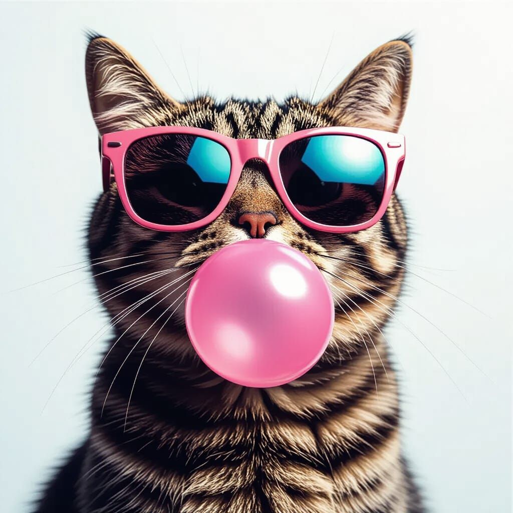 Cat with Sunglasses Blowing Bubble in Pop Art Style