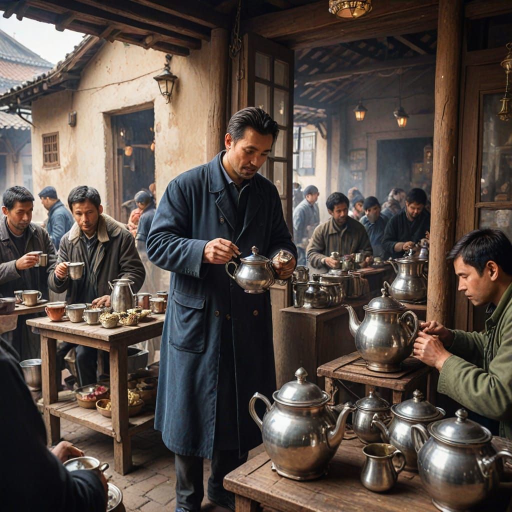 Vibrant Tea House Scene in Watercolor Style