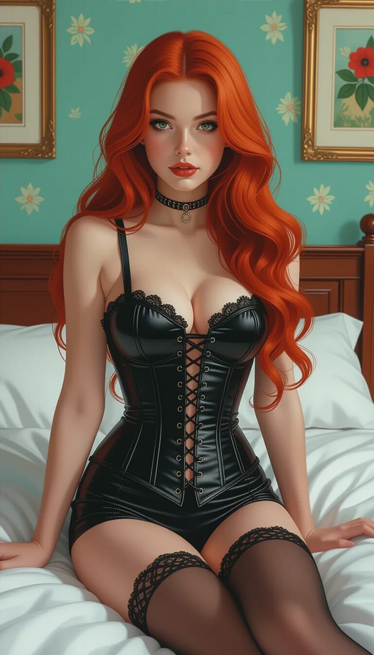Woman with Red Hair Posing in Bed, Hyperrealistic Art