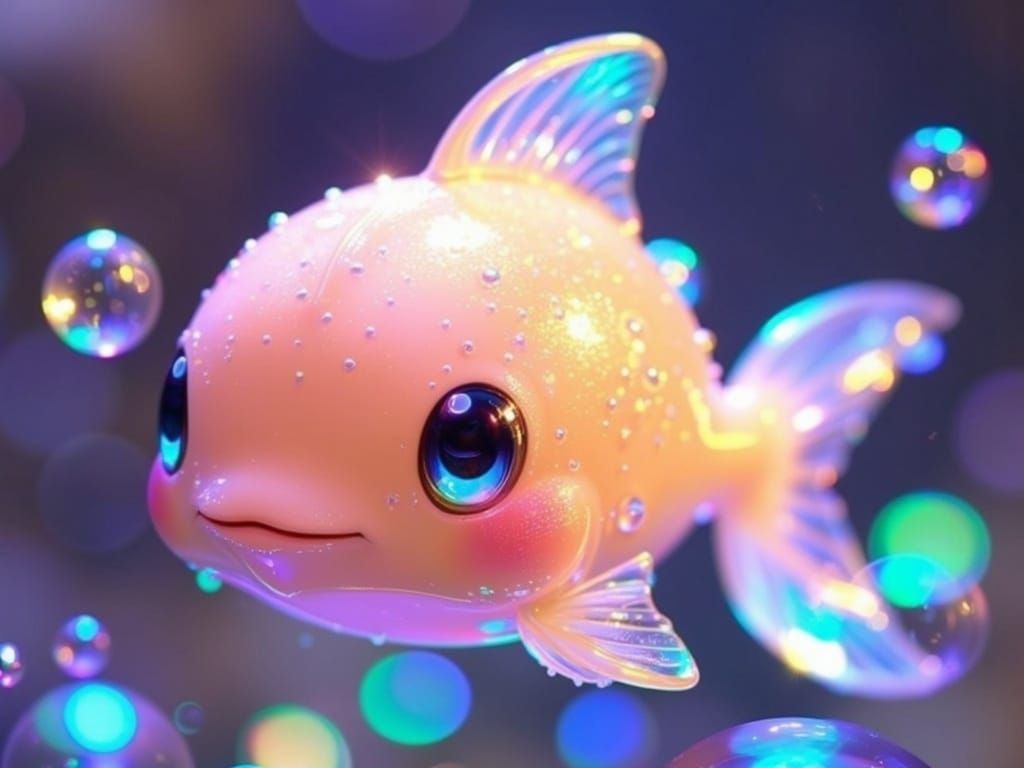 Surreal Holographic Kawaii Cheep Cheep in Iridescent Pond