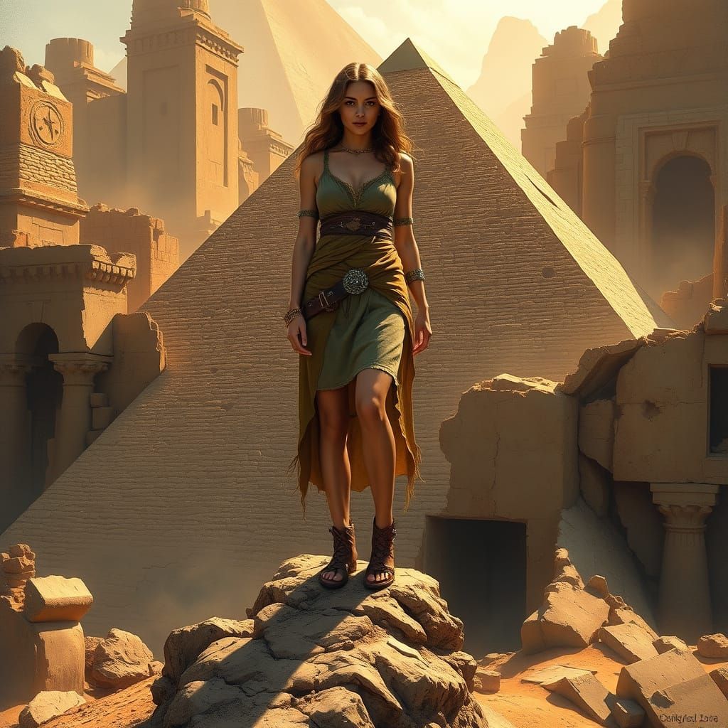 Woman on Pyramid in Frazetta-Style Fantasy Art