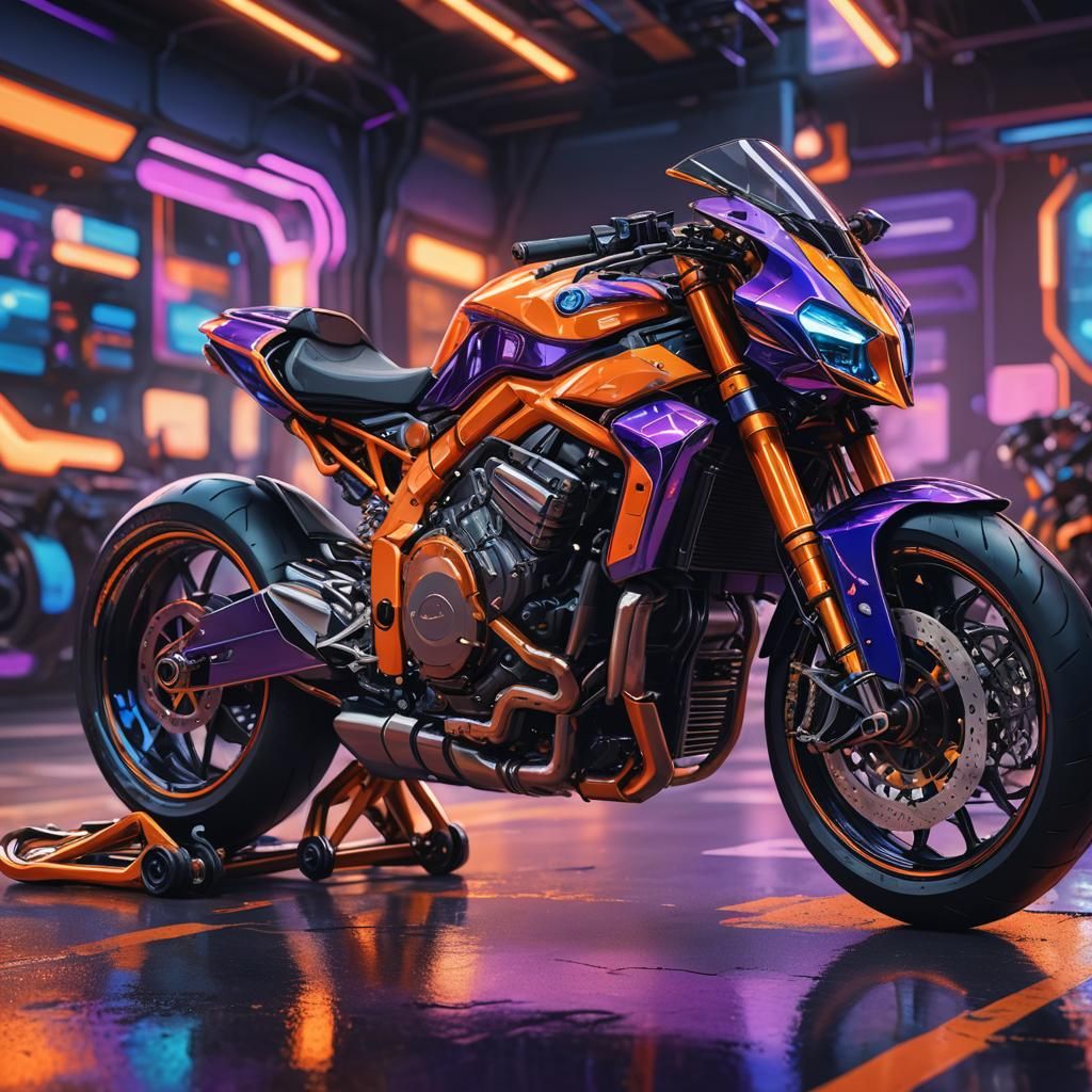 Futuristic Orange Motorcycle in Vibrant Triadic Colors