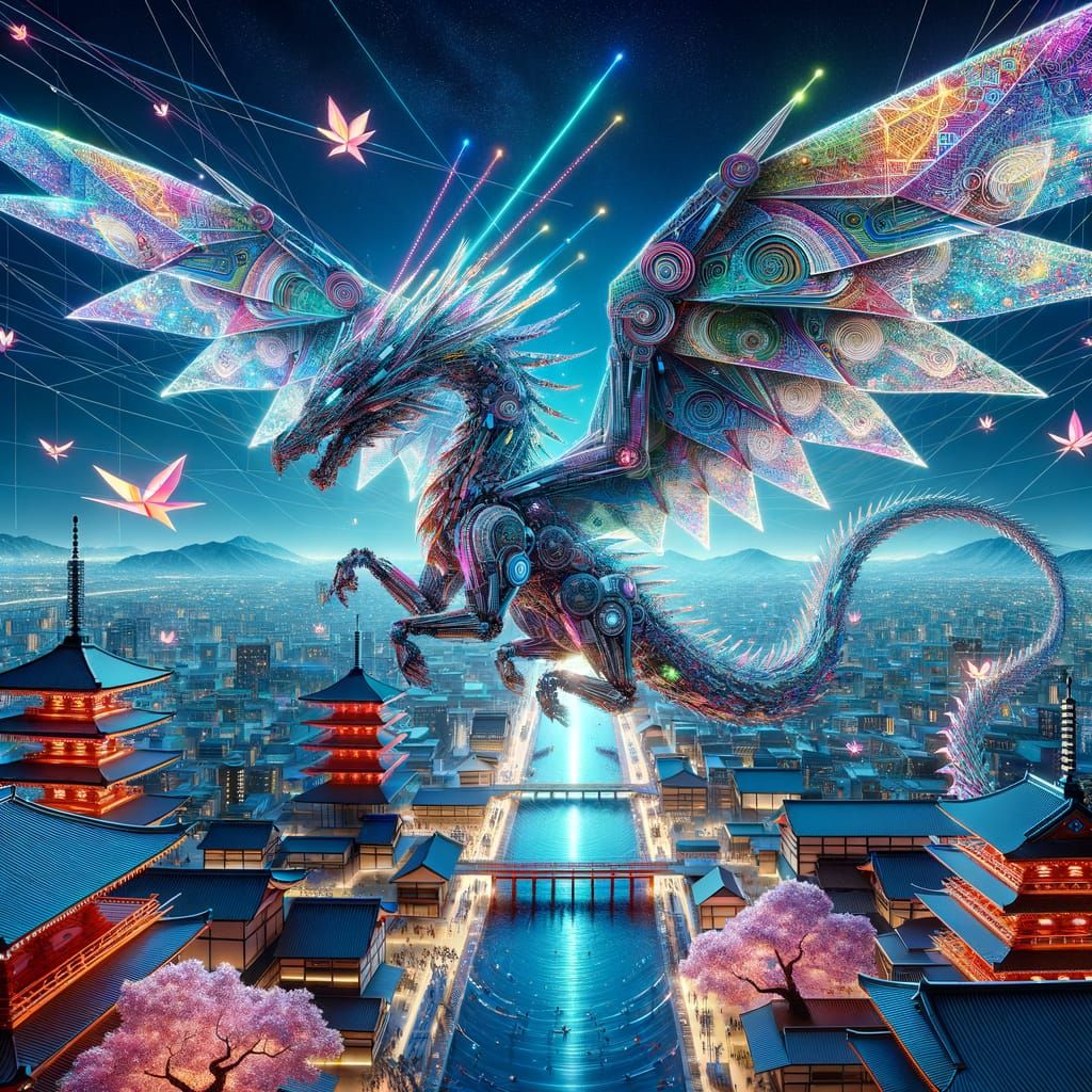 Cybernetic Origami Dragon Soaring Over Futuristic Kyoto