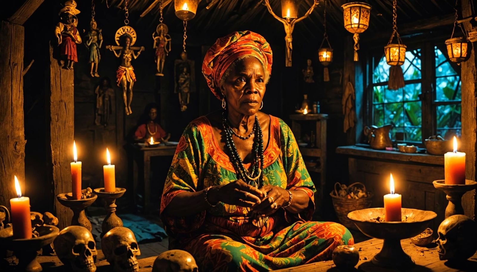 Afro-Cuban Woman Practices Santeria in Candlelit Hut