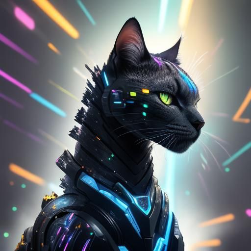 Futuristic Robotic Cat Rises from Vibrant Galaxy Landscape