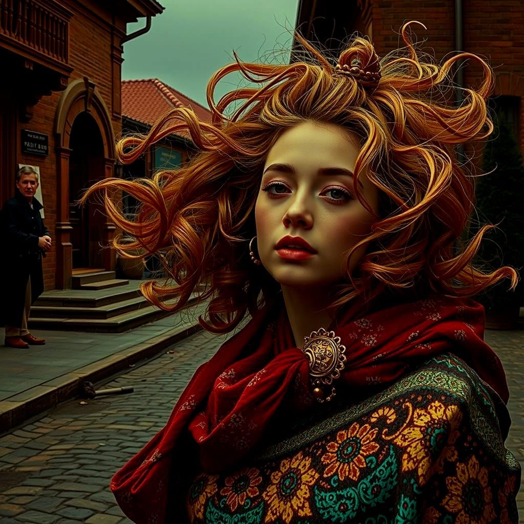 Abundant Auburn Hair Twisting and Billowing in Motion