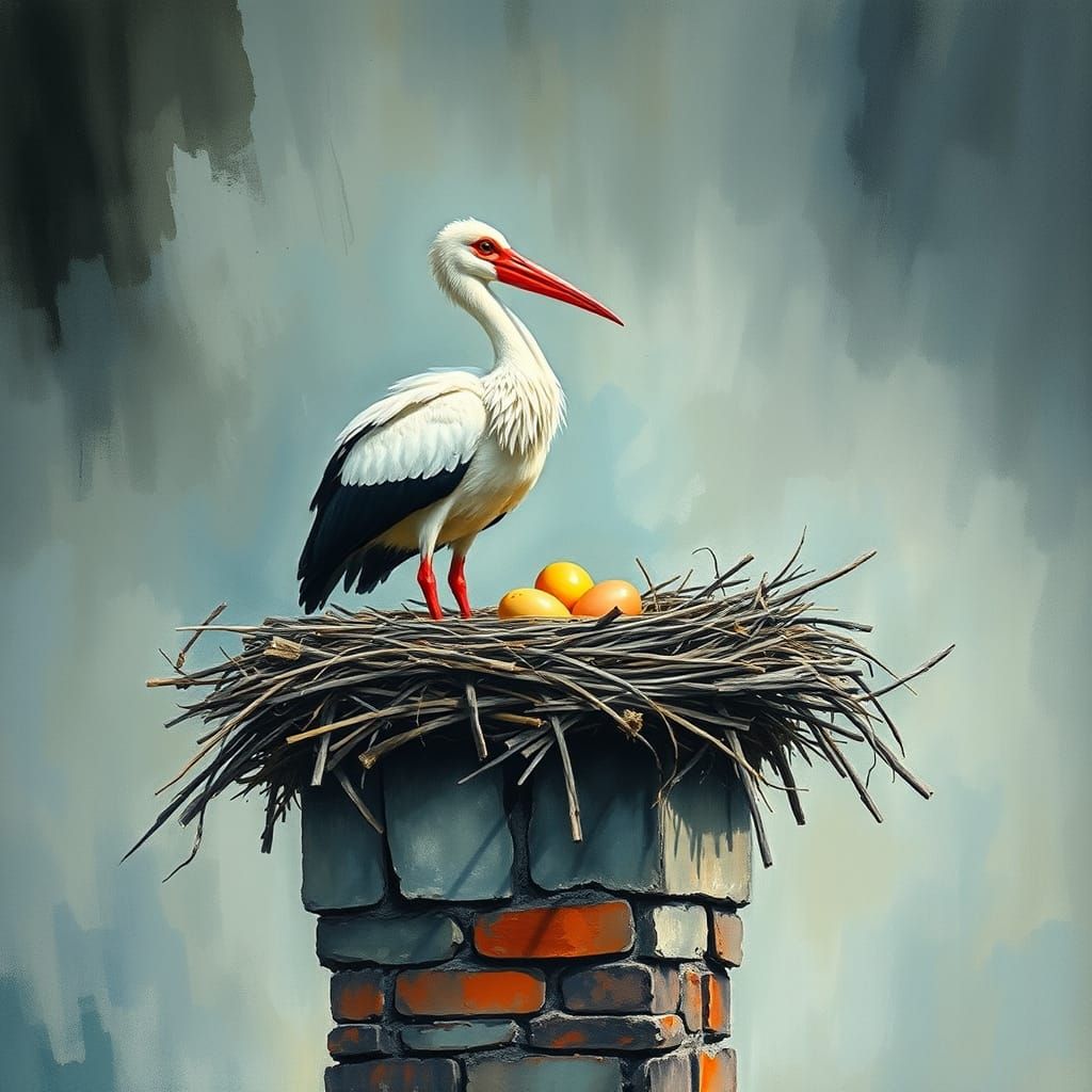Couple of Storks on Alsatian Chimney in Gouache Watercolor S...
