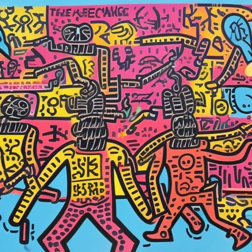 Graffiti Mural with Broken Syringes in Haring Style