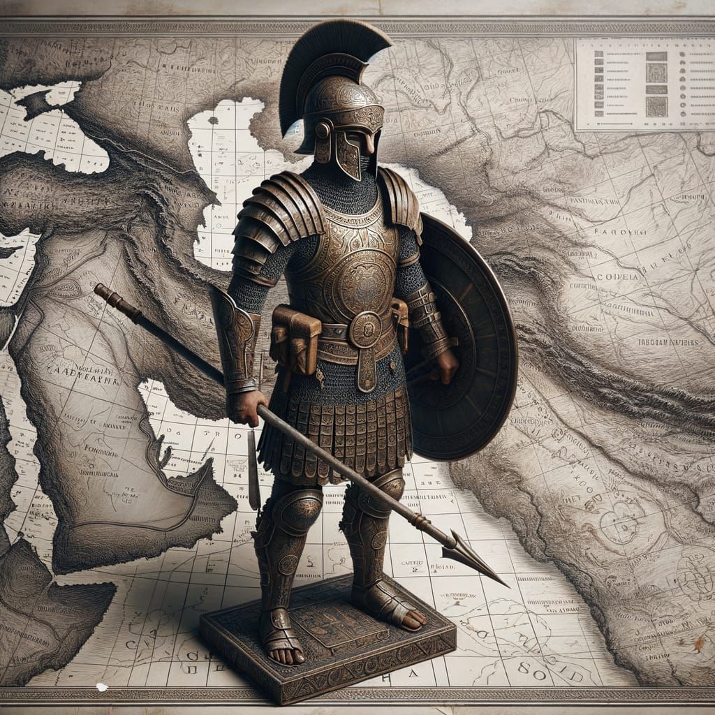 Achaemenid Cataphract Soldier Stands Amidst Ancient Maps