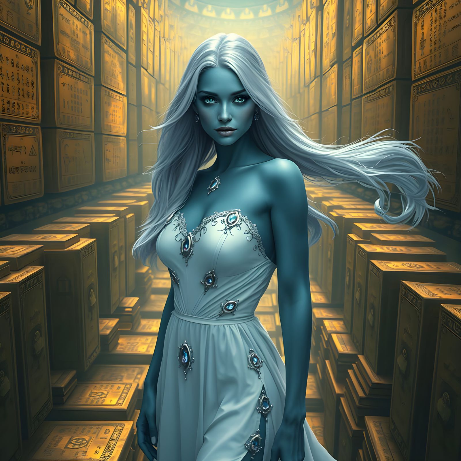 Ethereal Blue Goddess in Ancient Golden Library