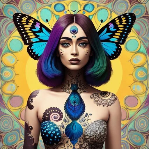 Butterfly Woman with Peacock Feathers in Abstract Art