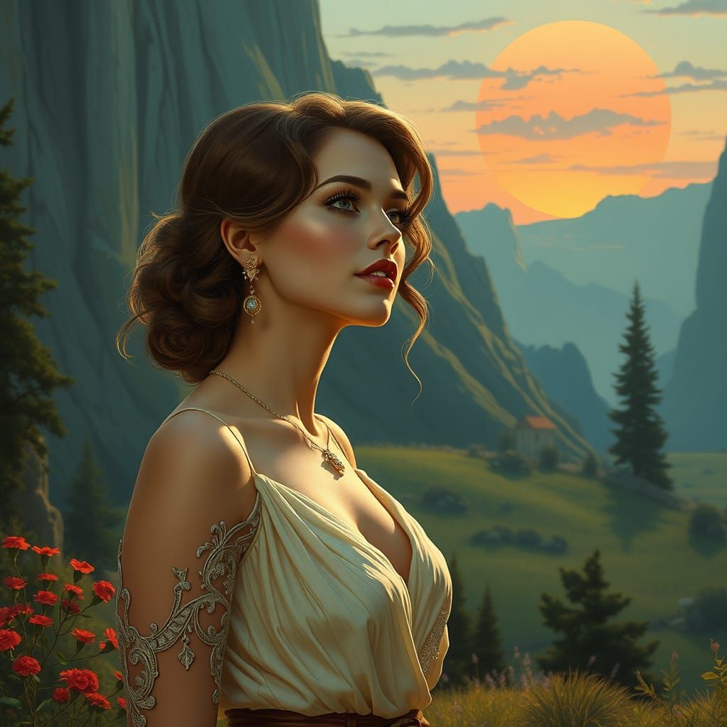 Ethereal Woman Amidst Futuristic Landscapes