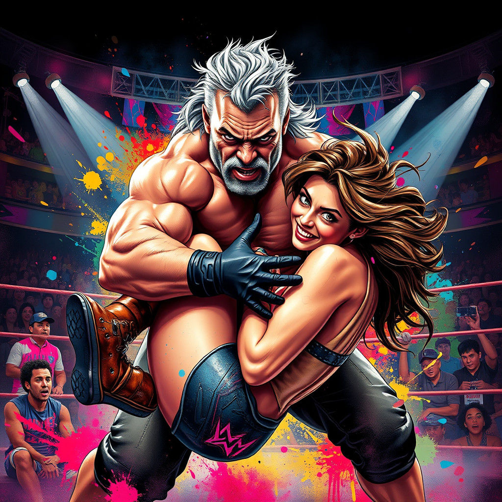 Wrestling Takedown in Graffiti Art Style