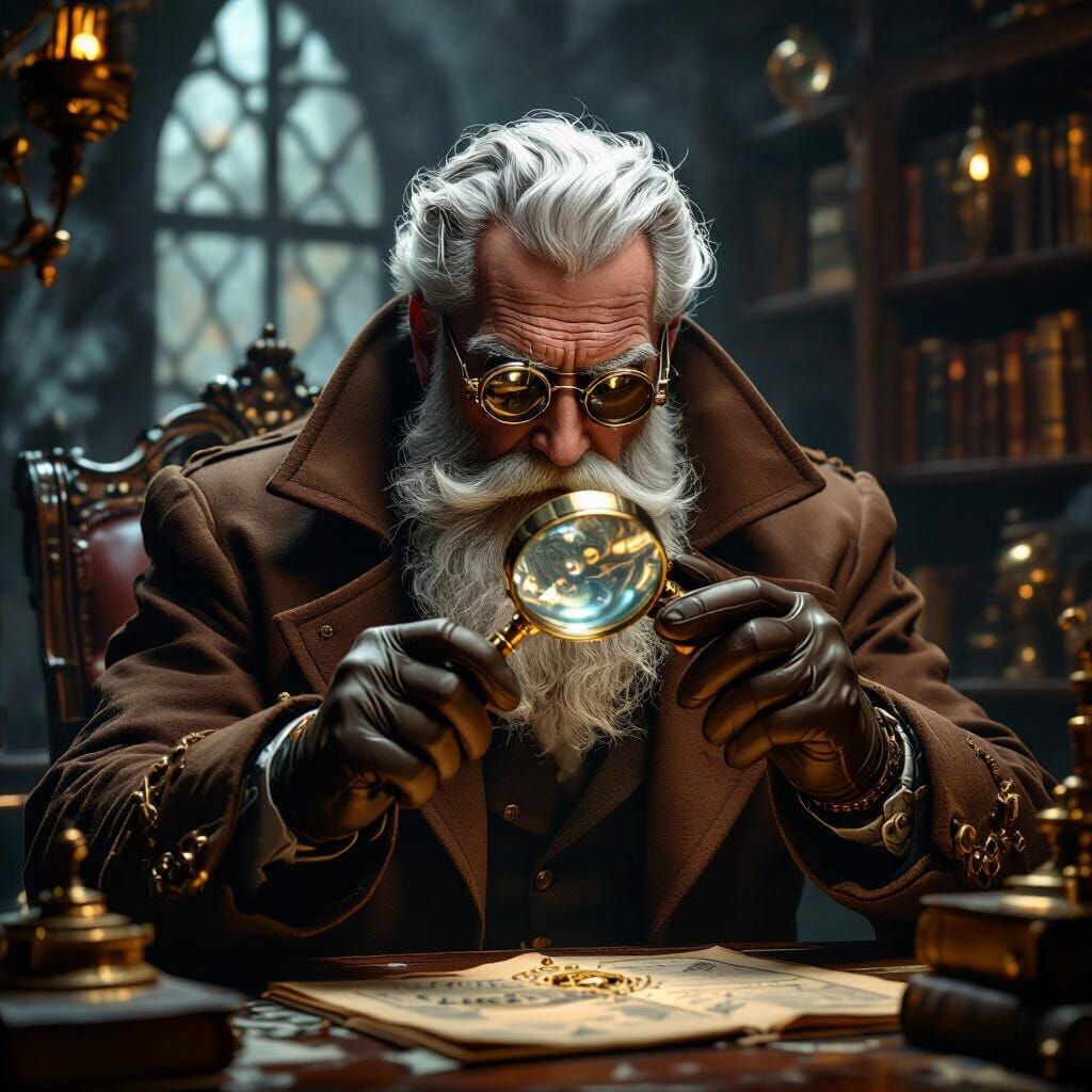 Steampunk Detective Inspecting Artifact in Victorian Study
