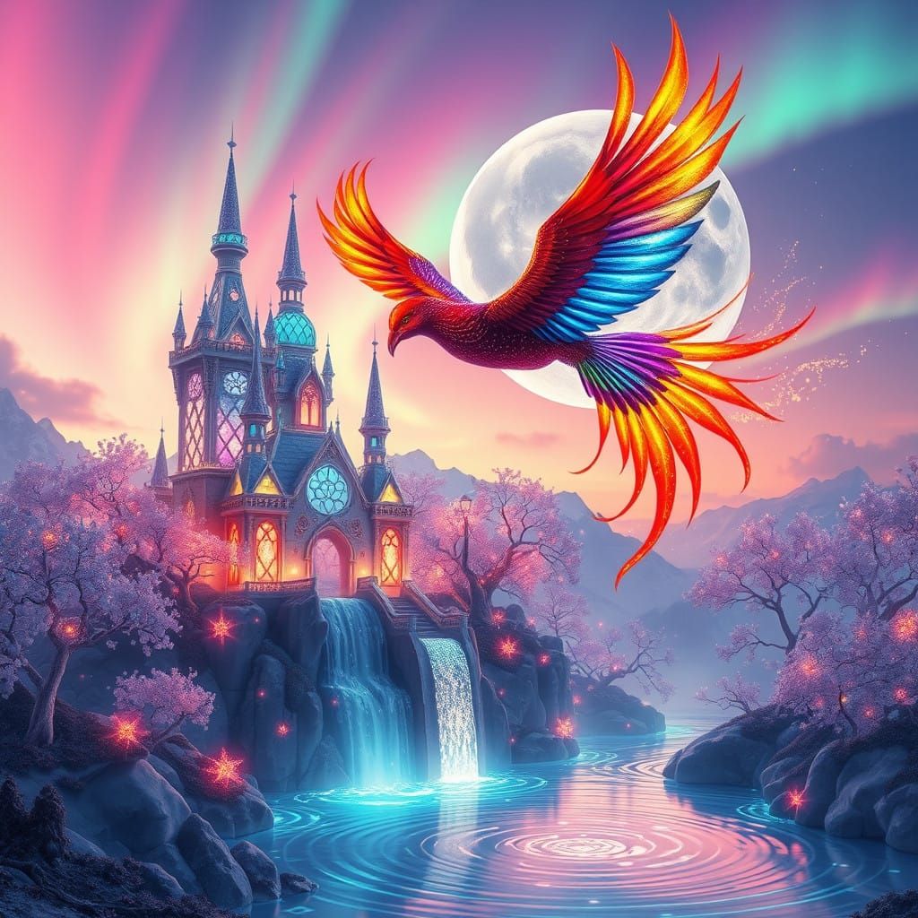 Surreal Twilight Landscape with Crystal Castle and Glowing B...