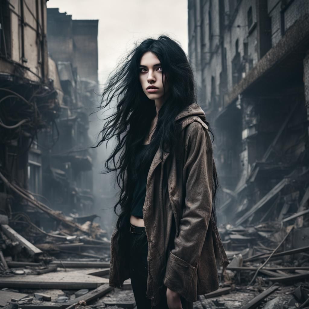 Lovecraftian Girl in Apocalyptic Cityscape