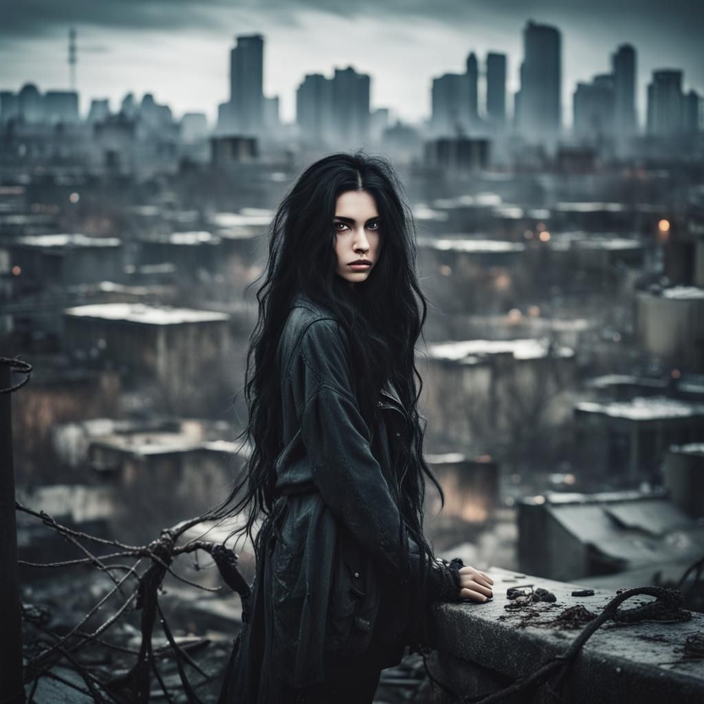Lovecraftian Girl in Apocalyptic Cityscape