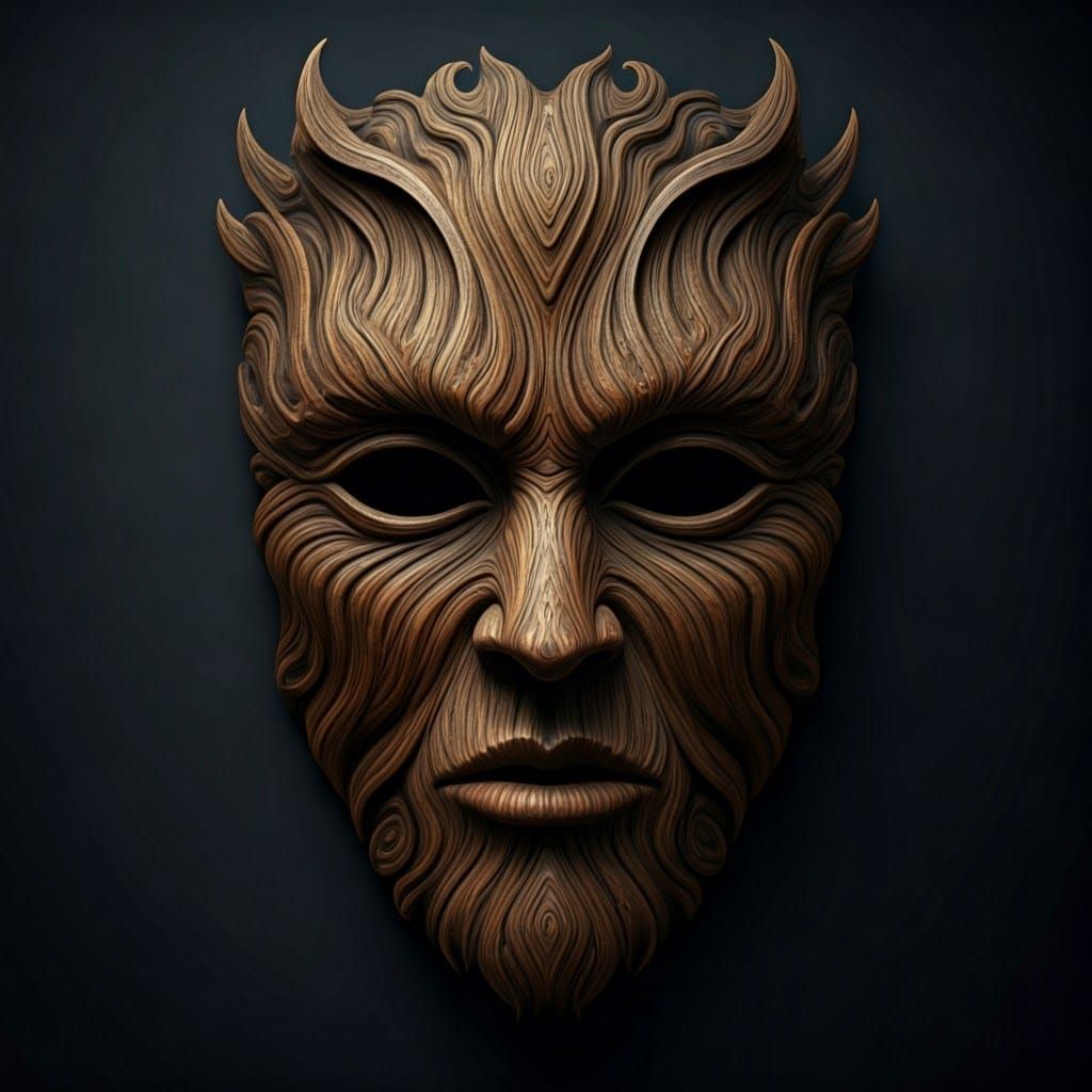 Mystical Wooden Mask in Amber Brown Patina