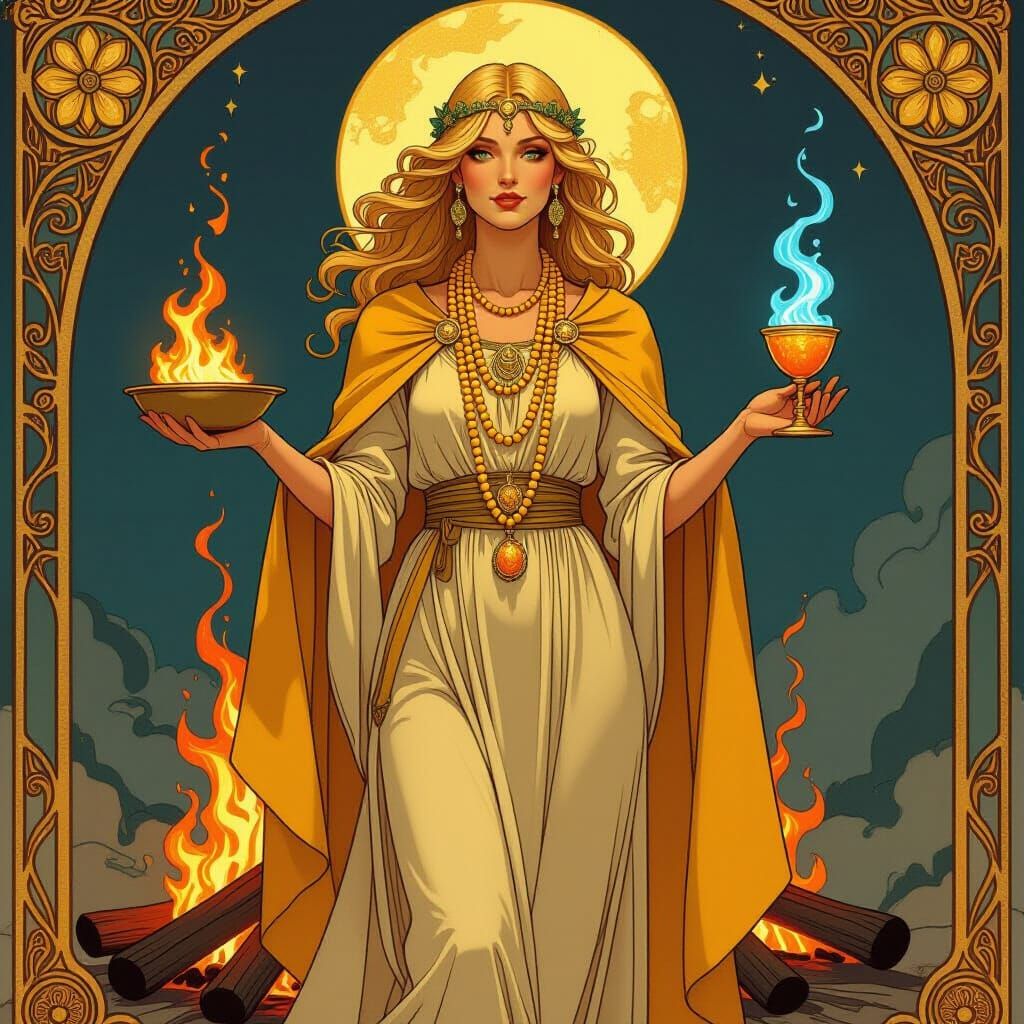 Baltic Sun Goddess with Bonfire, in Art Nouveau Style