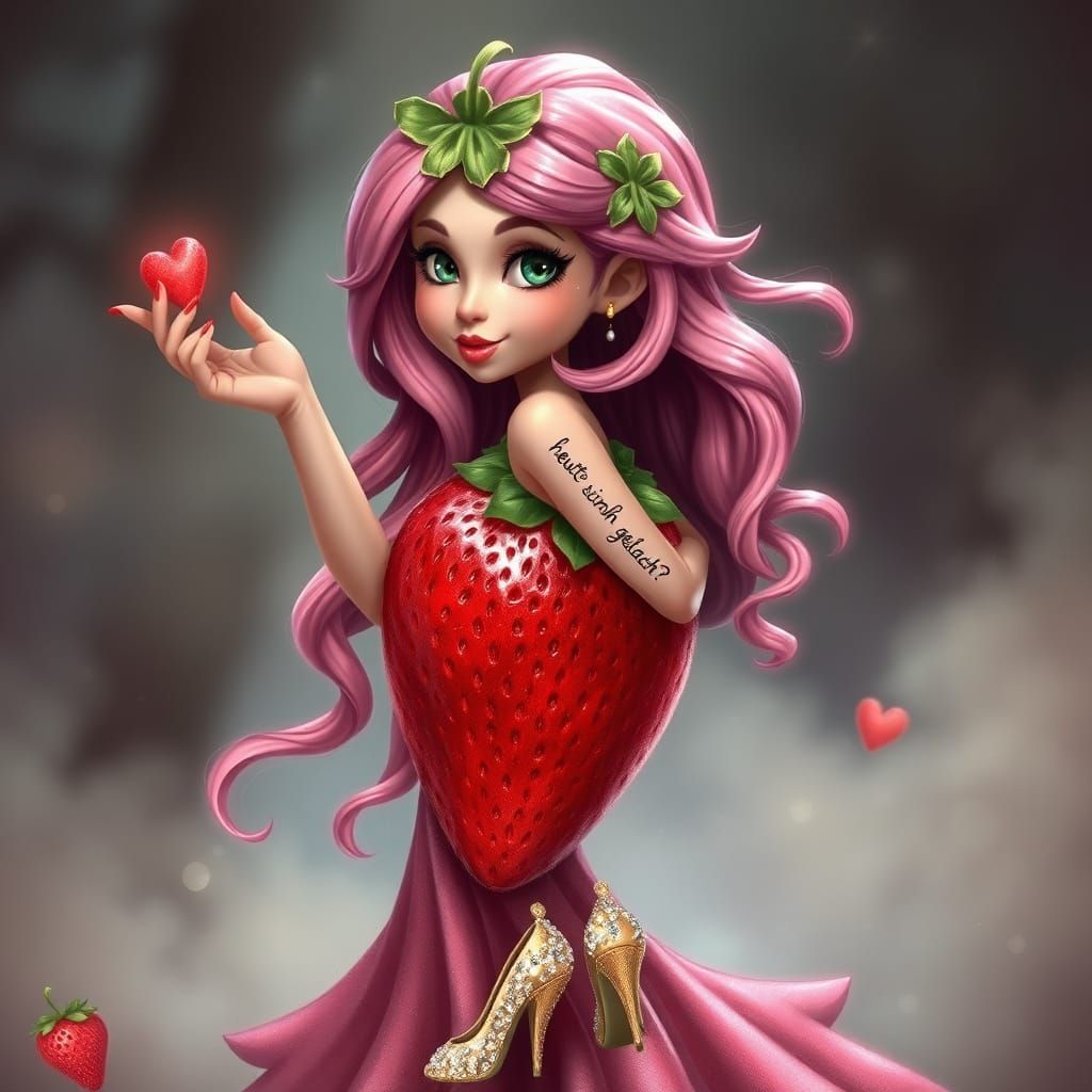 Whimsical Strawberry Maiden in Strawberry Costume with Green...