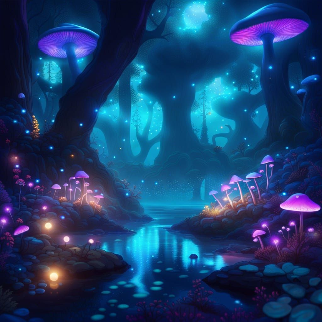 Forest with fantastic trees, flowers and mushrooms