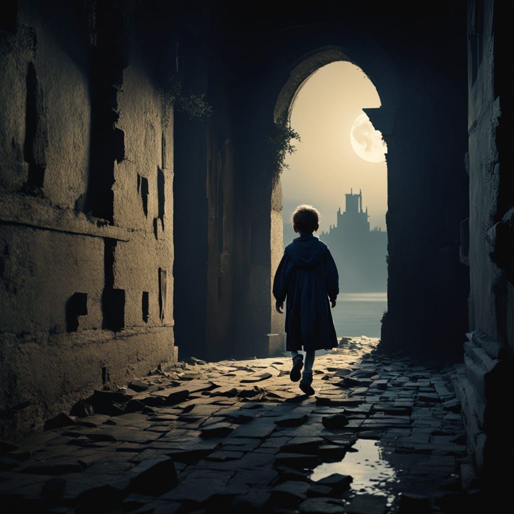 Scared Kid Fleeing Ruined Castle Under Full Moon