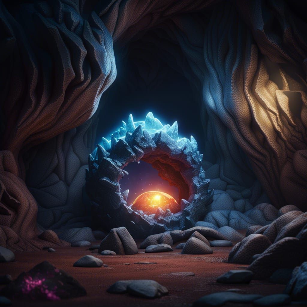 Monster Guarding Power Stone in Cave, Detailed Matte Paintin...