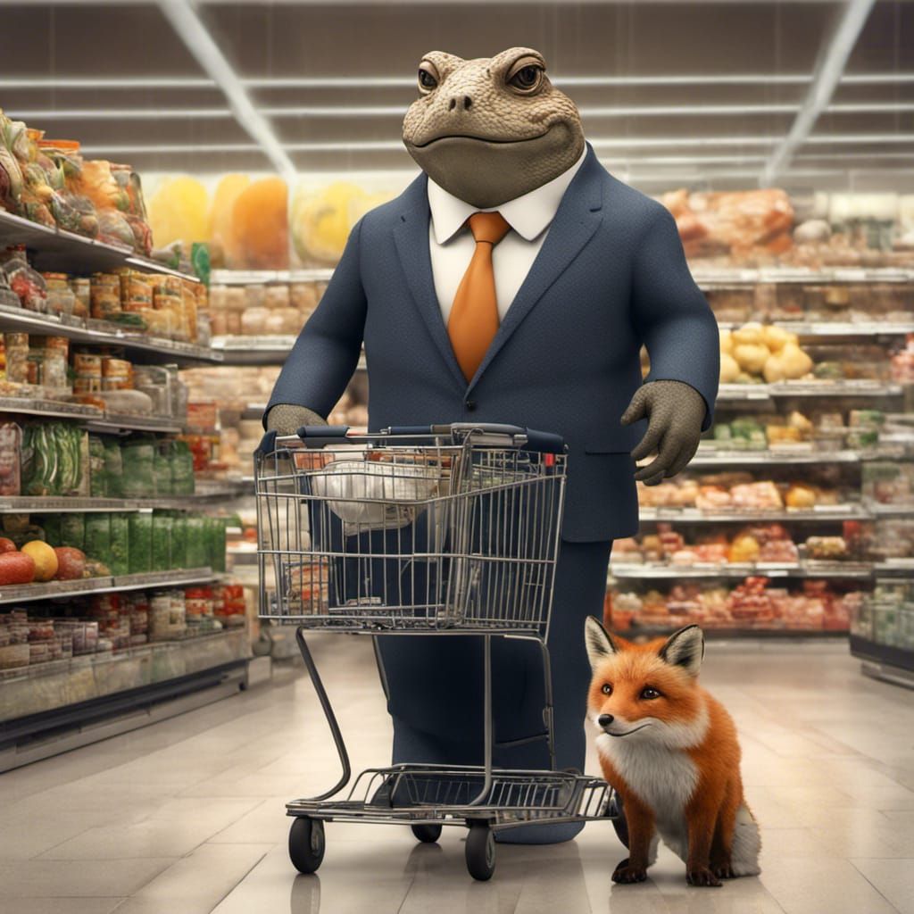 Humanoid Toad in Suit at Supermarket, Hyperrealistic
