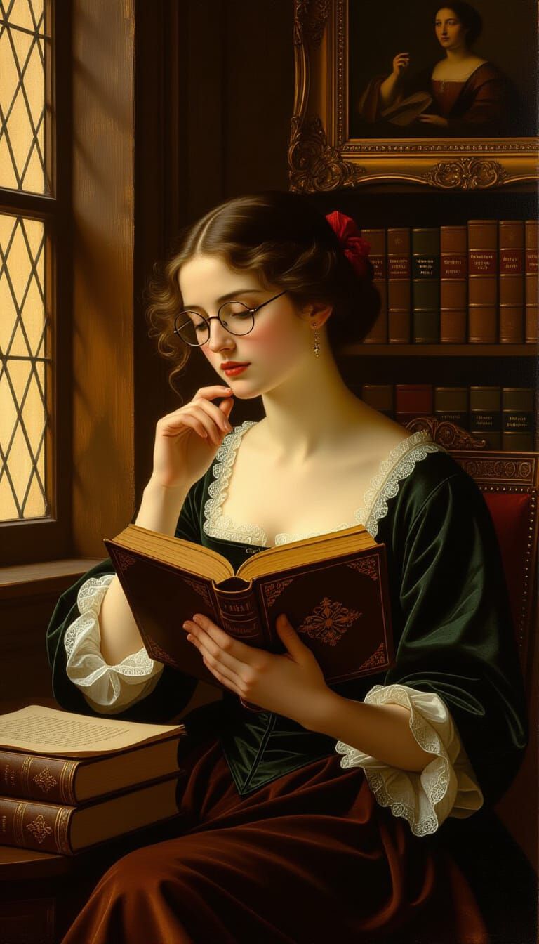 Woman Reading by Amber Light in Dutch Golden Age Style